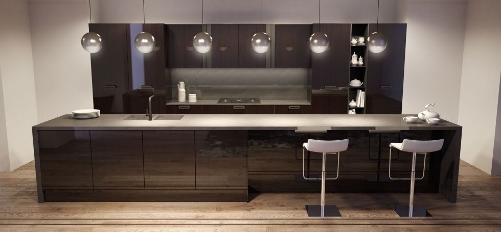 Cucina moderna / in acciaio inox / impiallacciata in legno / con ... Cucina moderna / in acciaio inox / impiallacciata in legno / con ...