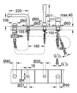 miscelatore per vasca / in metallo cromato / da bagno / 4 fori