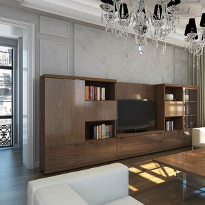 parete attrezzata TV moderno / in legno / in vetro