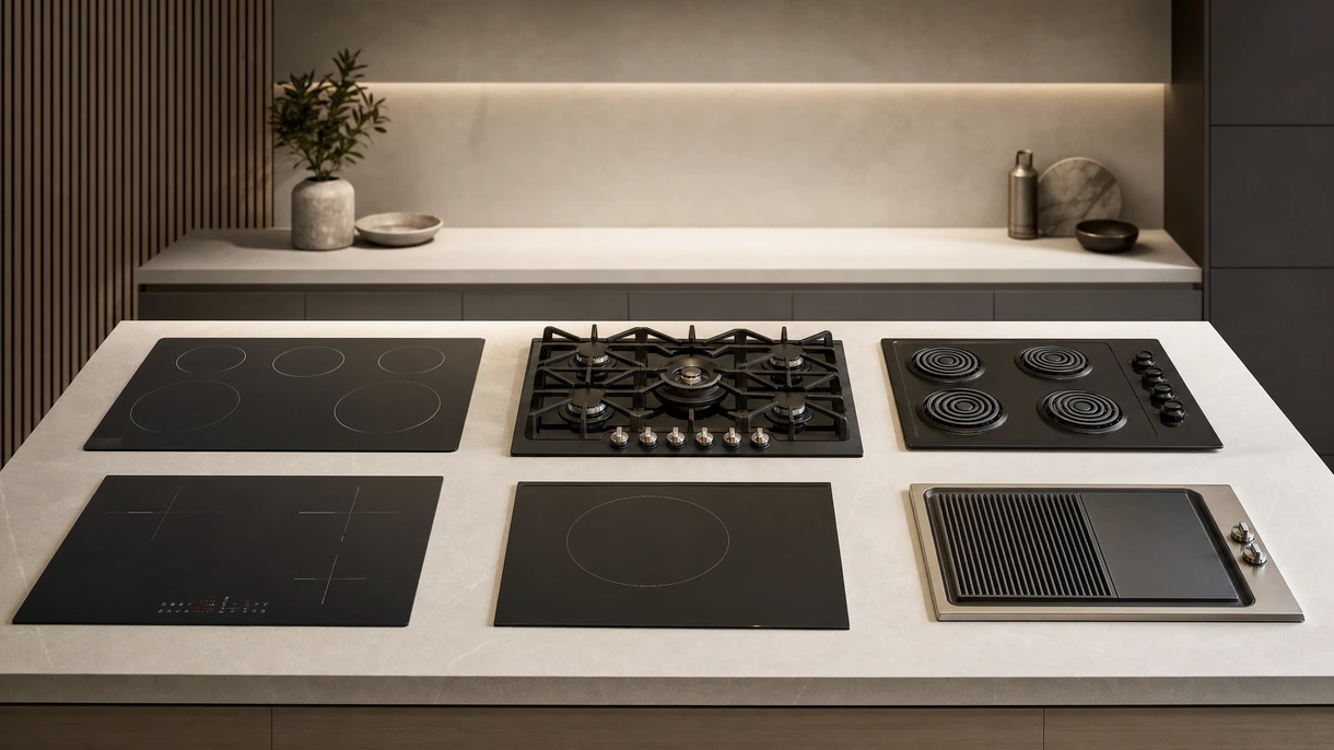 Piano cottura a induzione professionale integrato in un'isola minimalista in marmo in una cucina di una suite di hotel di lusso di alto livello.