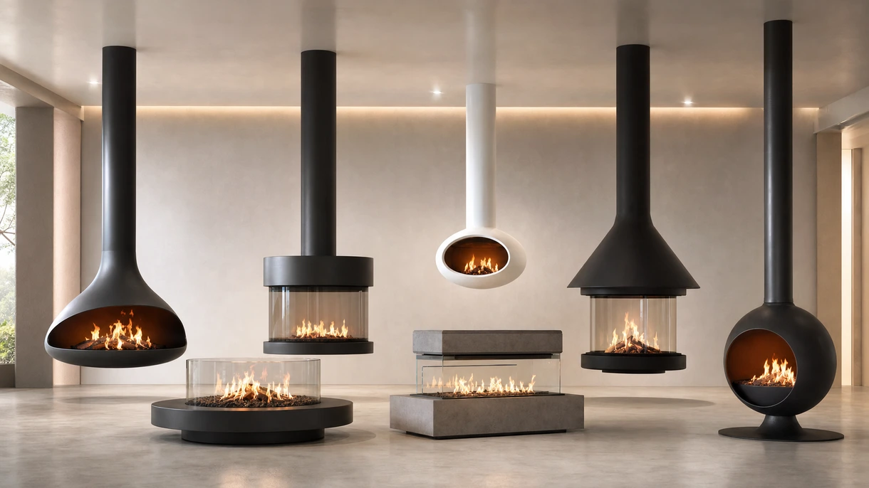 Moderno camino centrale sospeso nella hall di un hotel di lusso, caratterizzato da un focolare in acciaio minimalista e design a fiamma aperta.