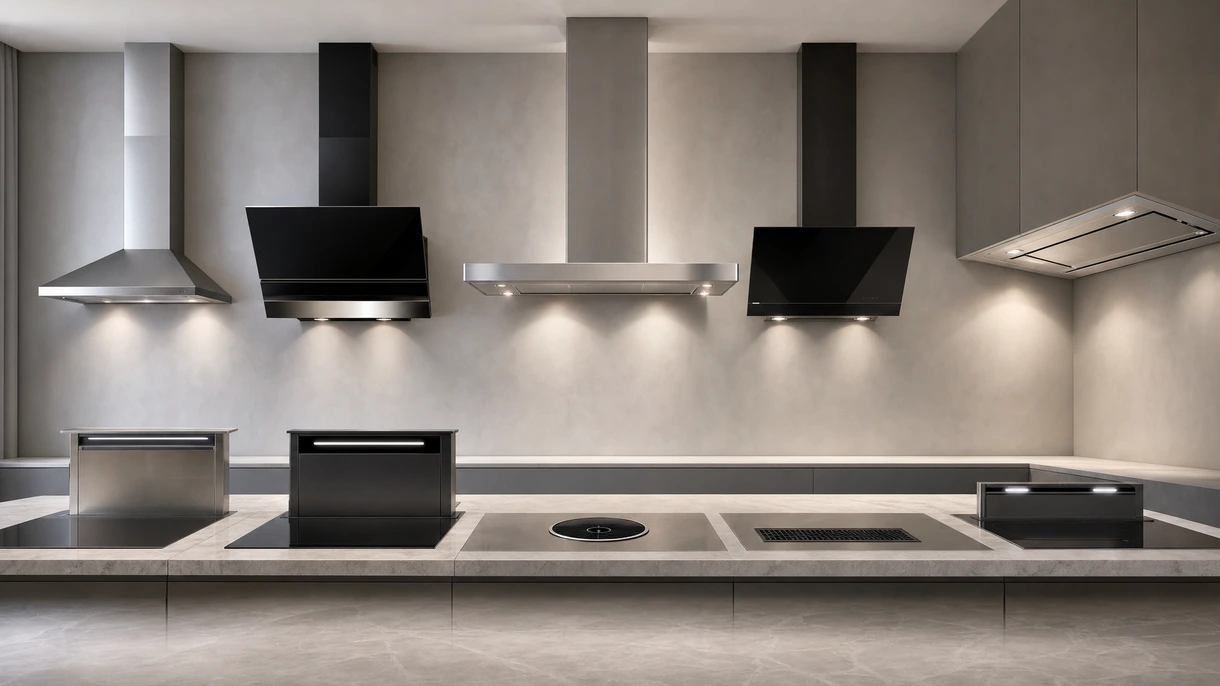 Cappa da cucina professionale in acciaio inox installata sopra un piano a induzione commerciale in un ambiente cucina moderno e minimalista.