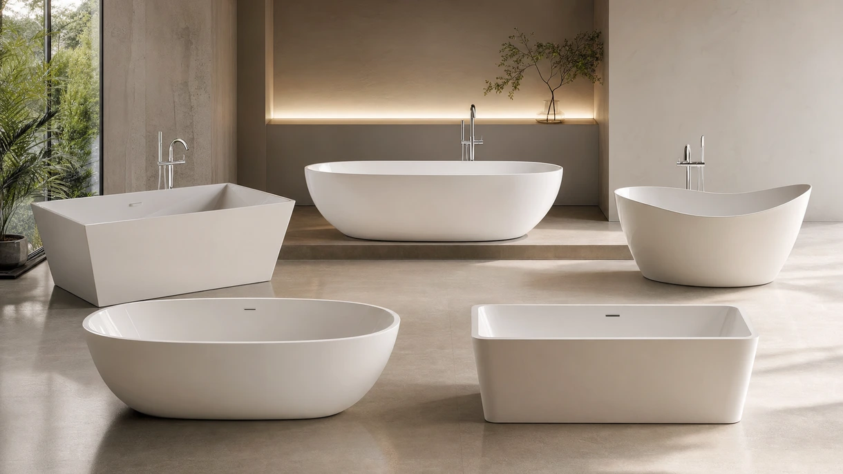 Bagno di un hotel contemporaneo con una vasca da bagno in composito in solid surface bianco opaco, posizionata davanti a una vetrata a tutta altezza.