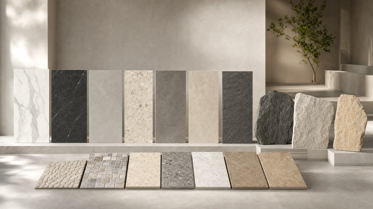 Piastrelle in gres porcellanato grigio aspetto pietra installate nella hall di un ufficio commerciale moderno, con design della pavimentazione architettonica in grande formato senza soluzione di continuità.