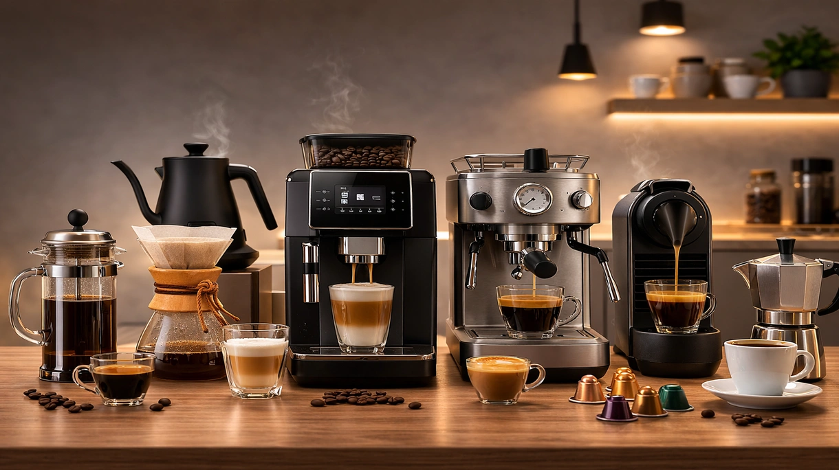 Macchina da caffè espresso professionale integrata nel bar della hall di un moderno hotel di lusso con finiture architettoniche minimaliste.