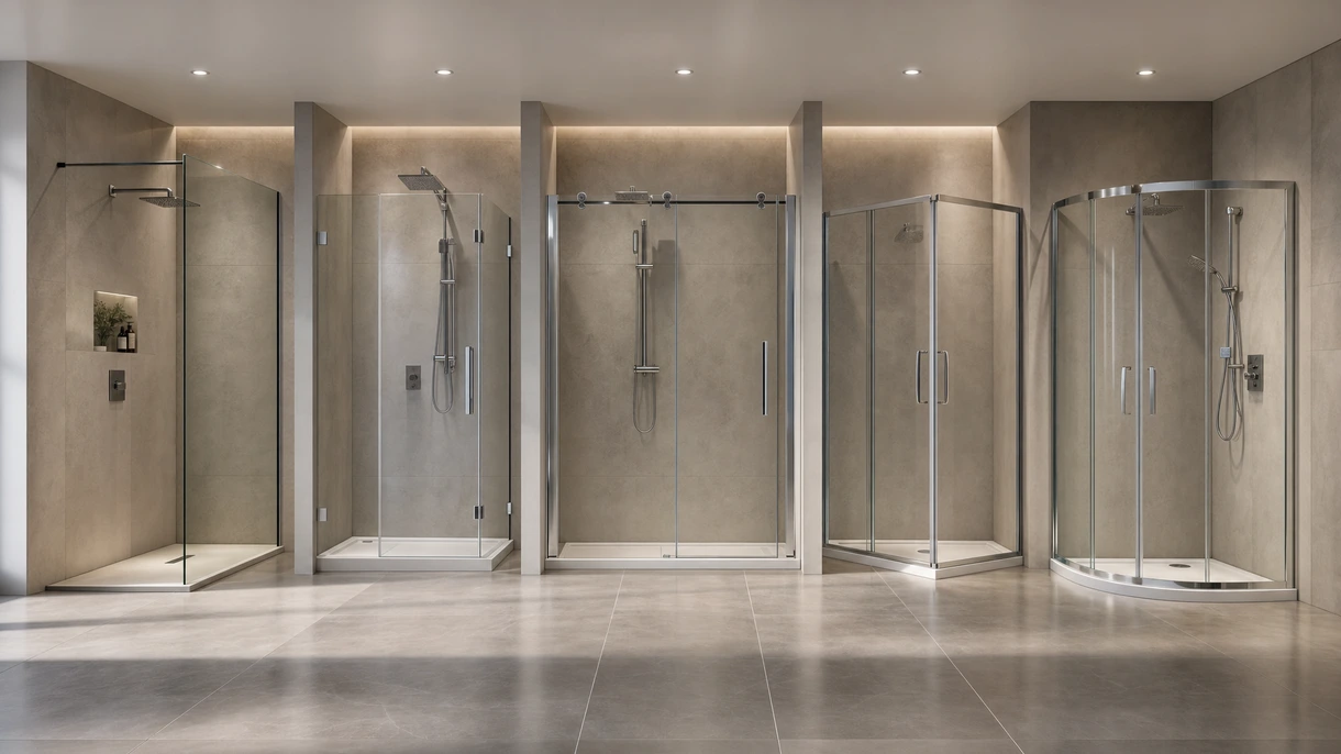 Bagno moderno di un hotel con parete doccia in cristallo senza telaio, componenti neri opachi e design walk-in minimalista.