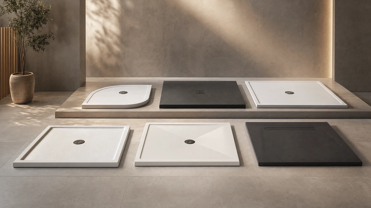 Un piatto doccia in resina a filo pavimento installato in una suite di un hotel di lusso con pareti in vetro continue e finiture in pietra di design.