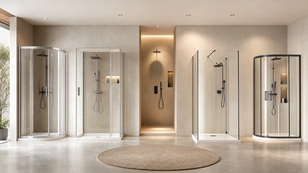 Moderno box doccia in vetro senza telaio installato in una suite di un hotel di lusso, con componentistica nera opaca minimalista e rivestimento in pietra.