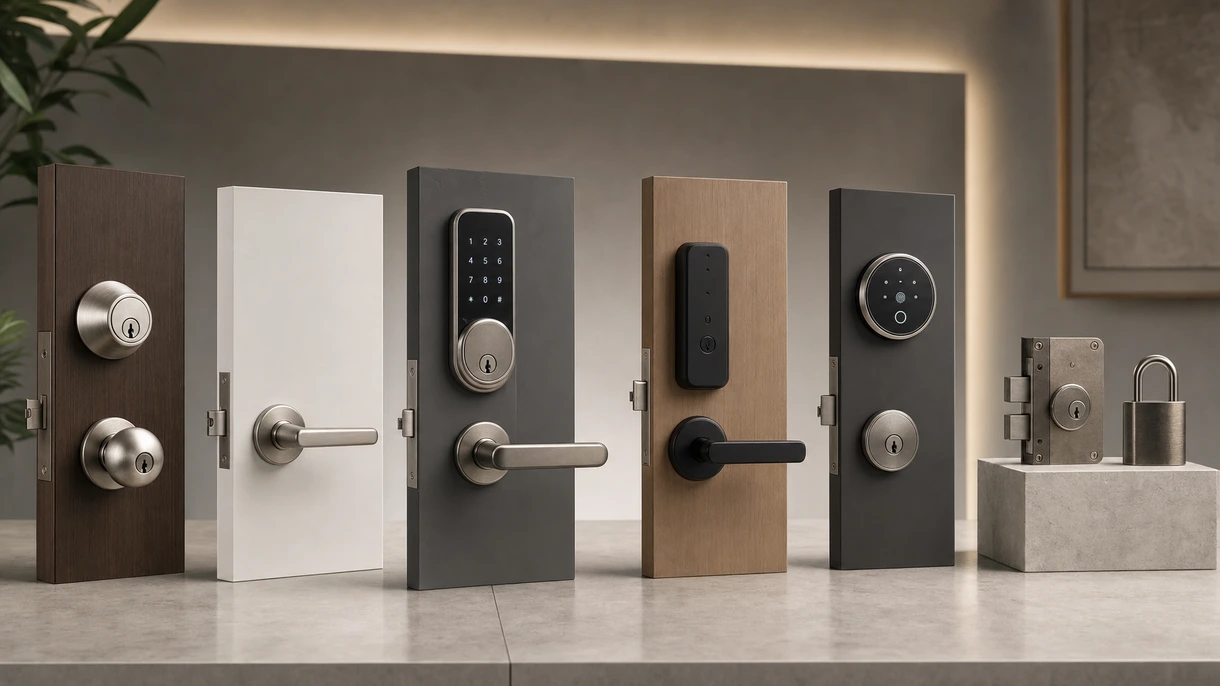 Installatore professionista che monta una serratura per porta elettronica intelligente su una moderna porta in vetro di un ufficio nella hall di un edificio commerciale.