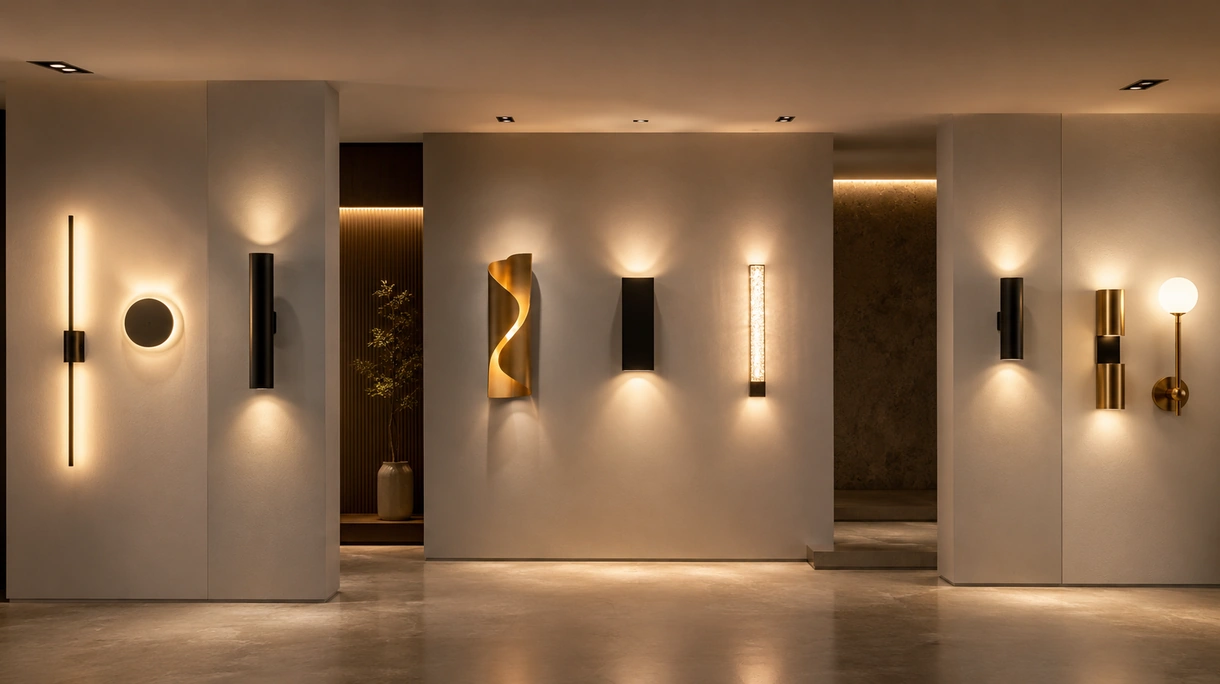 Moderna applique a LED che illumina il corridoio minimalista di un hotel, mostrando la distribuzione della luce indiretta in un ambiente ricettivo professionale.
