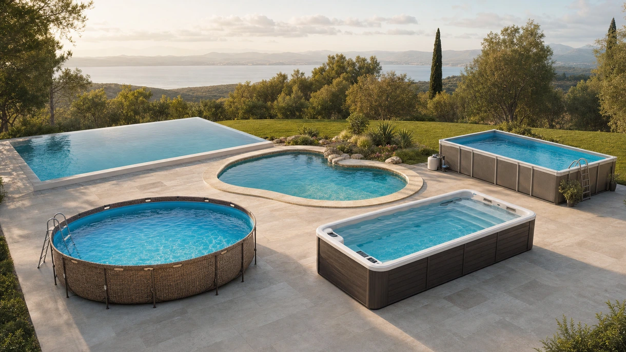 Installazione professionale di una piscina a sfioro sulla terrazza panoramica di un hotel di lusso con parapetti in vetro architettonico e pavimentazione in pietra.