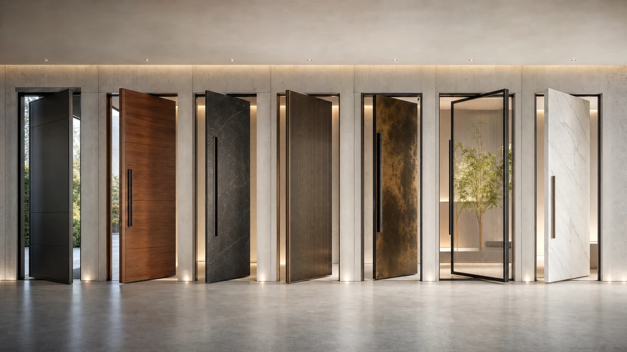 Grande porta a bilico minimalista in rovere scuro installata in una moderna hall aziendale con soffitti alti e pavimenti in marmo.