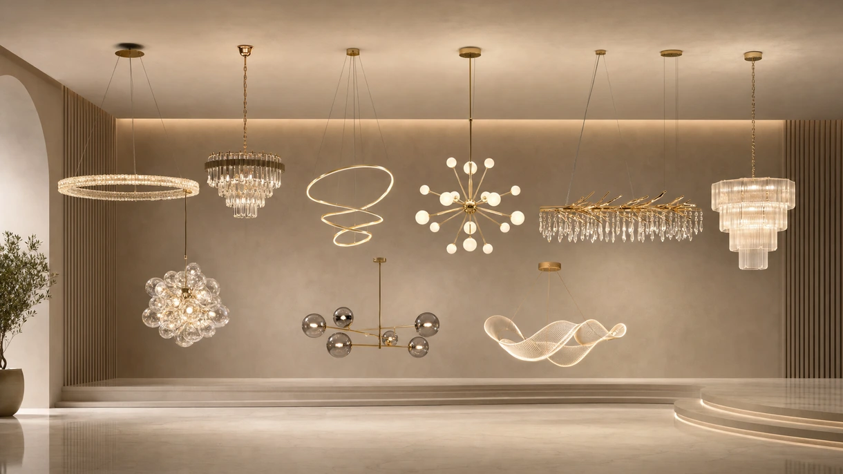 Lampadario contemporaneo nella hall di un hotel di lusso, esempio di design illuminotecnico architettonico ad alte prestazioni per il settore hospitality.