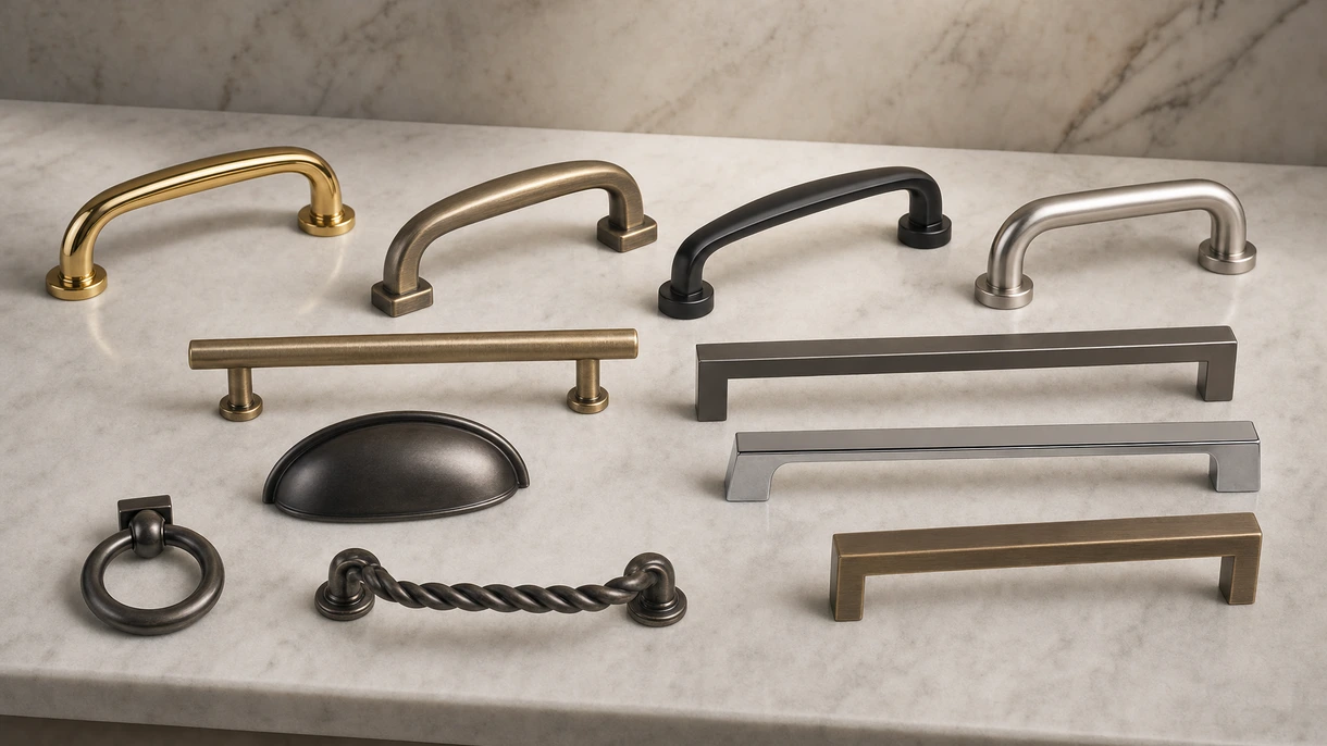Elegante maniglia in metallo in acciaio inox spazzolato installata su una porta da ufficio minimalista nero opaco in un ambiente di lavoro professionale.