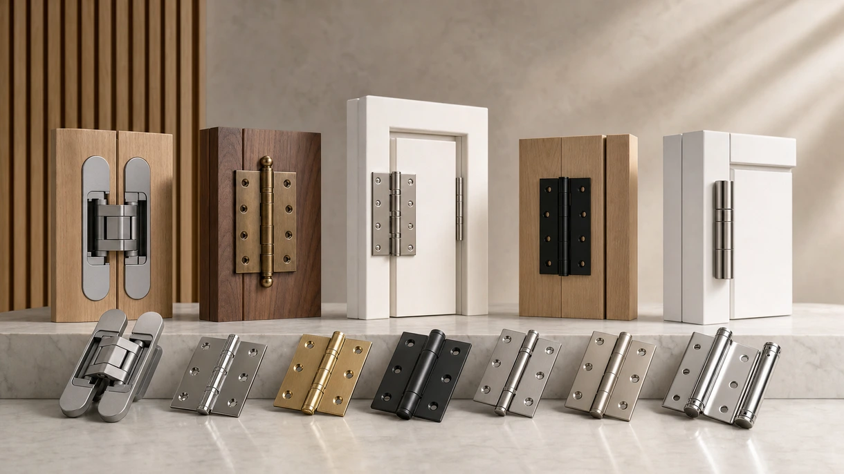 Cerniera per porta a scomparsa per architettura installata su una porta interna minimalista in rovere all'interno del corridoio di un edificio per uffici moderno di lusso.