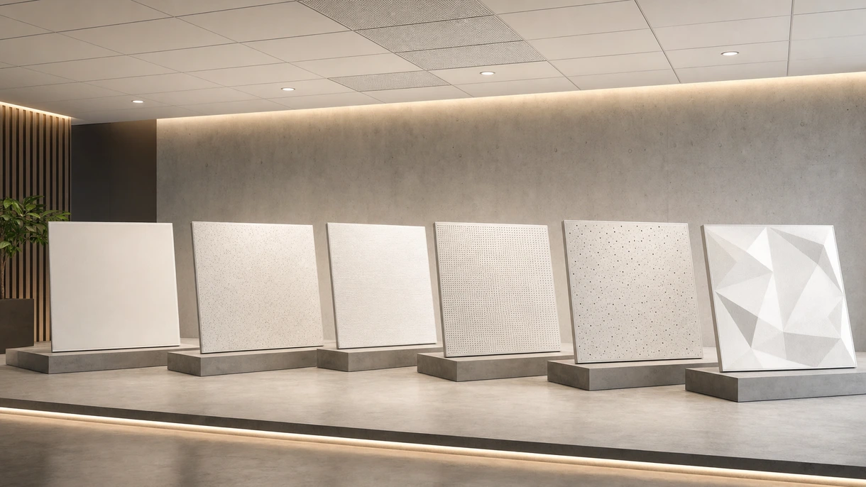 Ufficio moderno open-plan con controsoffitto acustico modulare bianco, illuminazione a LED lineare integrata e postazioni di lavoro.