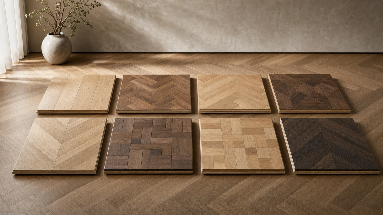 Interno di un ufficio moderno con parquet multistrato a plance larghe installato in un'ampia area reception professionale open-plan.