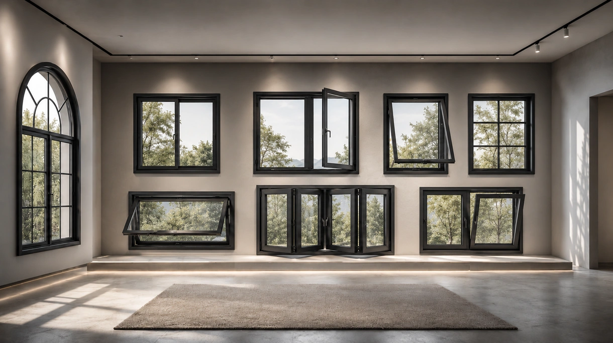 Moderno edificio per uffici con finestre in metallo in alluminio nero dal profilo sottile a tutta altezza in un interno aziendale minimalista.