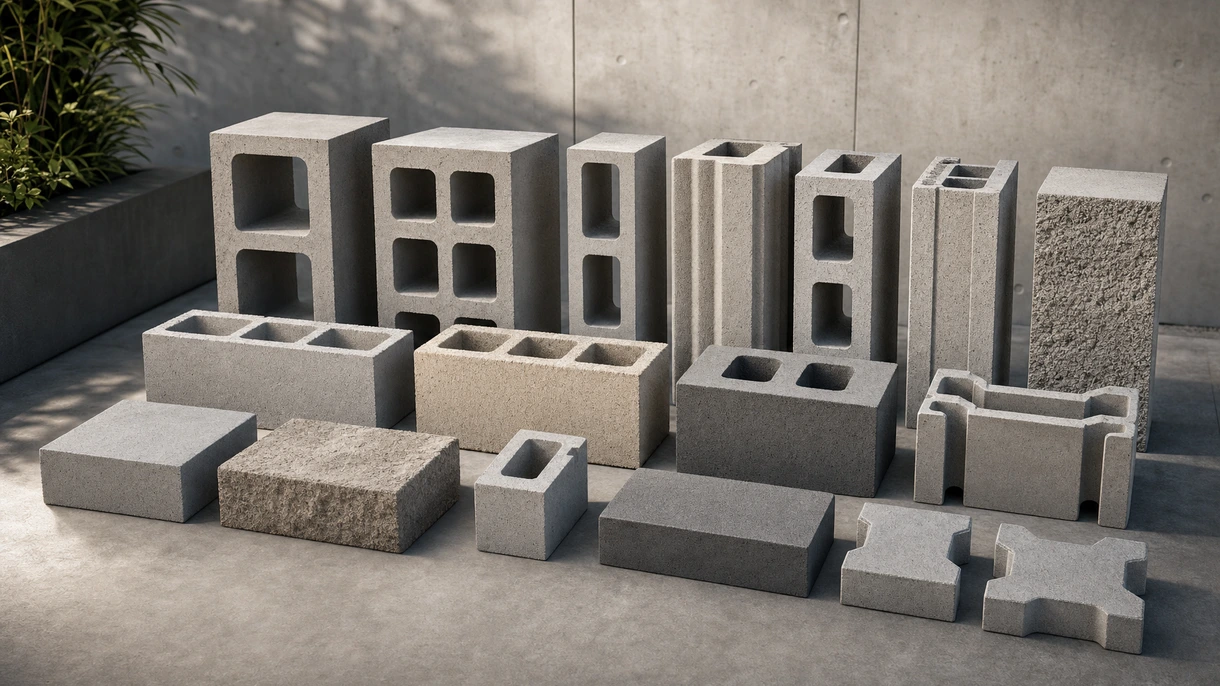 Costruzione di una parete in muratura industriale che mostra muratori professionisti intenti a installare blocchi di calcestruzzo grigi standard in un cantiere commerciale.