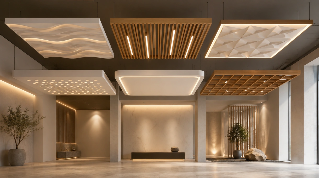 Moderna hall aziendale con un controsoffitto acustico ad alte prestazioni con illuminazione lineare integrata e baffle in legno.