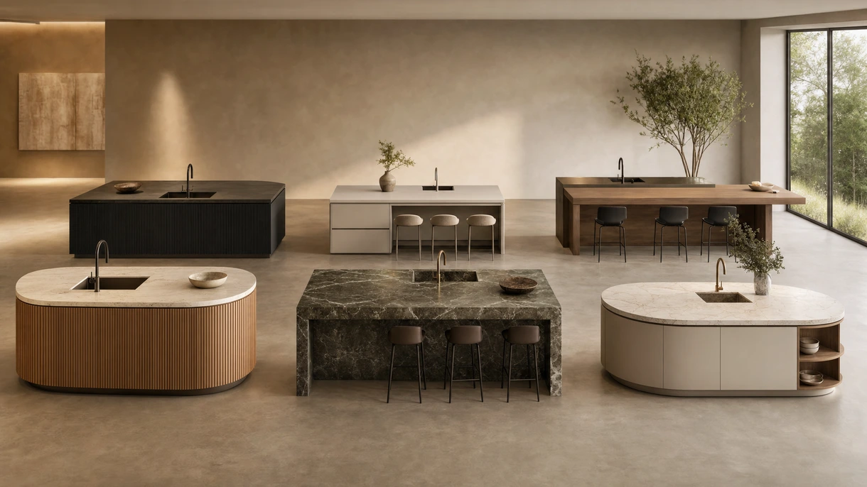 Cucina con isola professionale in un attico di lusso open-space con sedute integrate e superfici in marmo di alta gamma.
