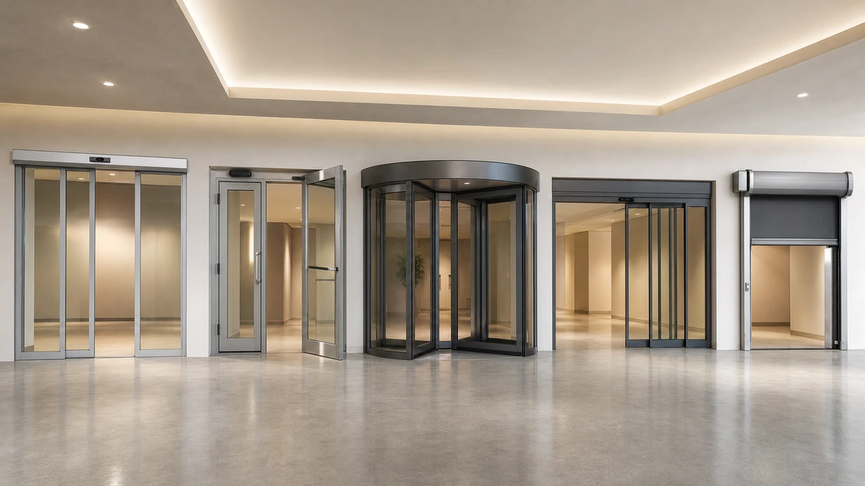 Moderna porta automatica scorrevole in vetro all'ingresso di un edificio commerciale con pedoni che entrano in una hall professionale e luminosa.
