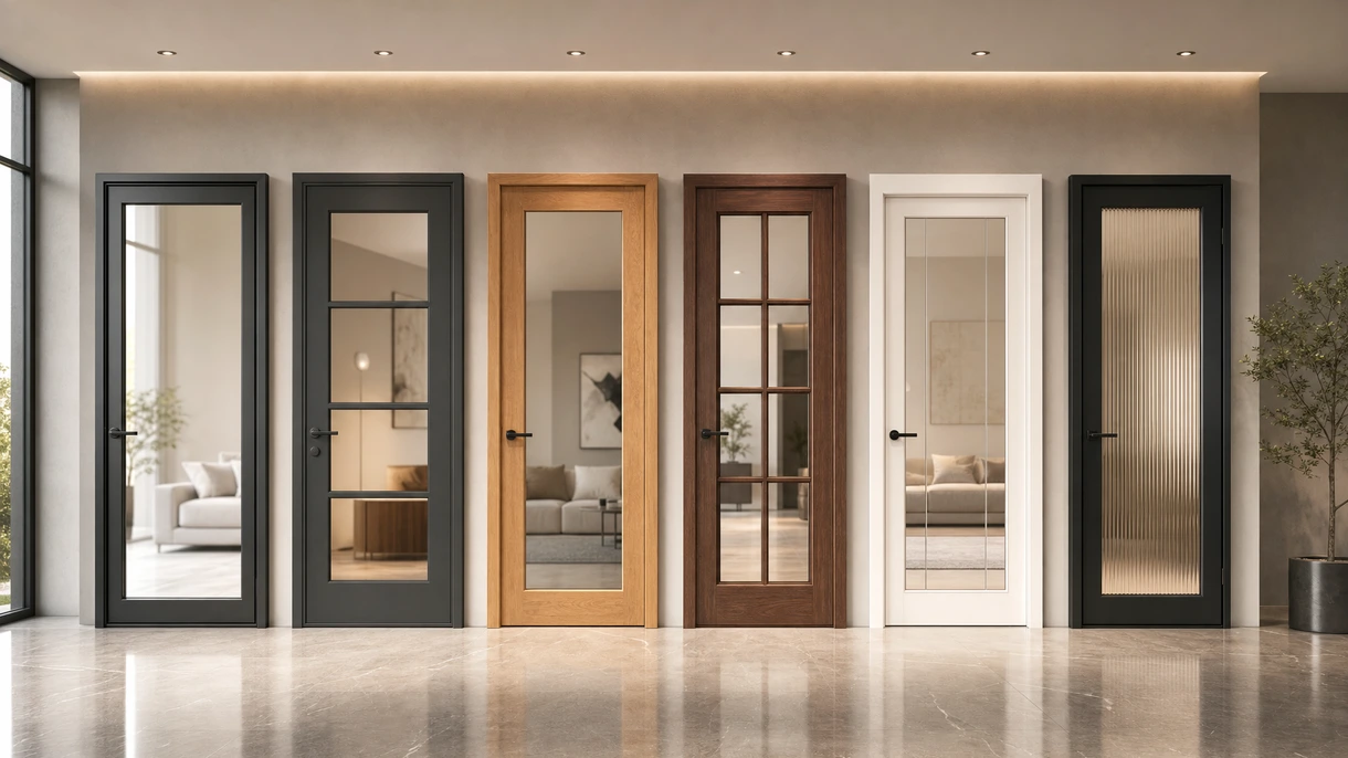 Moderna porta vetrata minimalista installata nell'atrio di un ufficio direzionale di alto livello, progettata per garantire luce naturale e trasparenza.