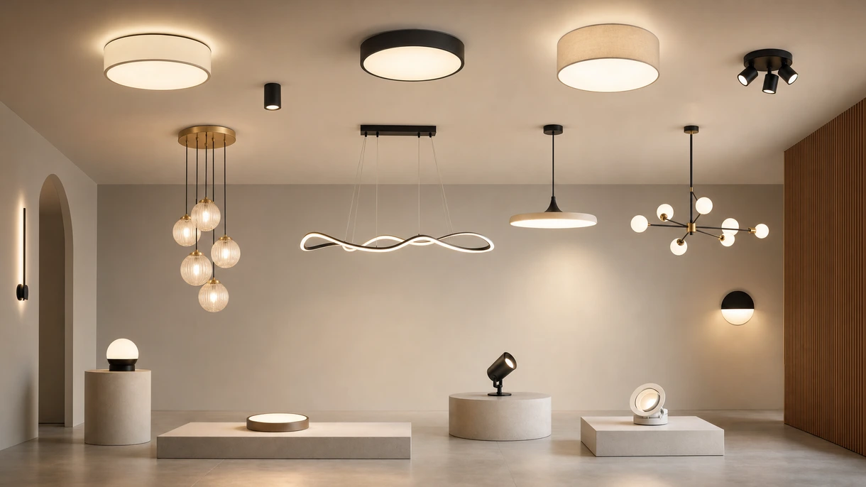 Atrio di un ufficio professionale con plafoniere contemporanee architettoniche integrate in un sistema minimalista di pannelli acustici in legno.