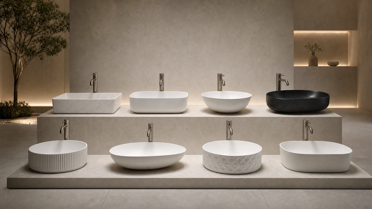 Bagno moderno per il settore hospitality con lavabi da appoggio bianchi opachi installati su un piano in marmo scuro con rubinetteria a parete.