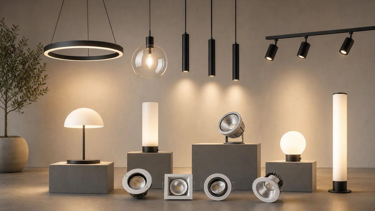 Interno di un ufficio architettonico moderno con sistemi di luce dimmerabile a incasso che illuminano l'area di un tavolo da conferenza professionale.