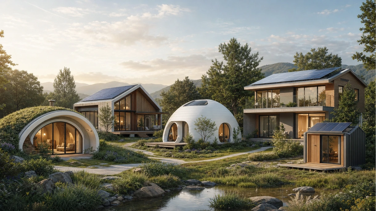 Residenza moderna sostenibile con vetrate solari e rivestimento in legno naturale in un contesto di sviluppo professionale urbano.