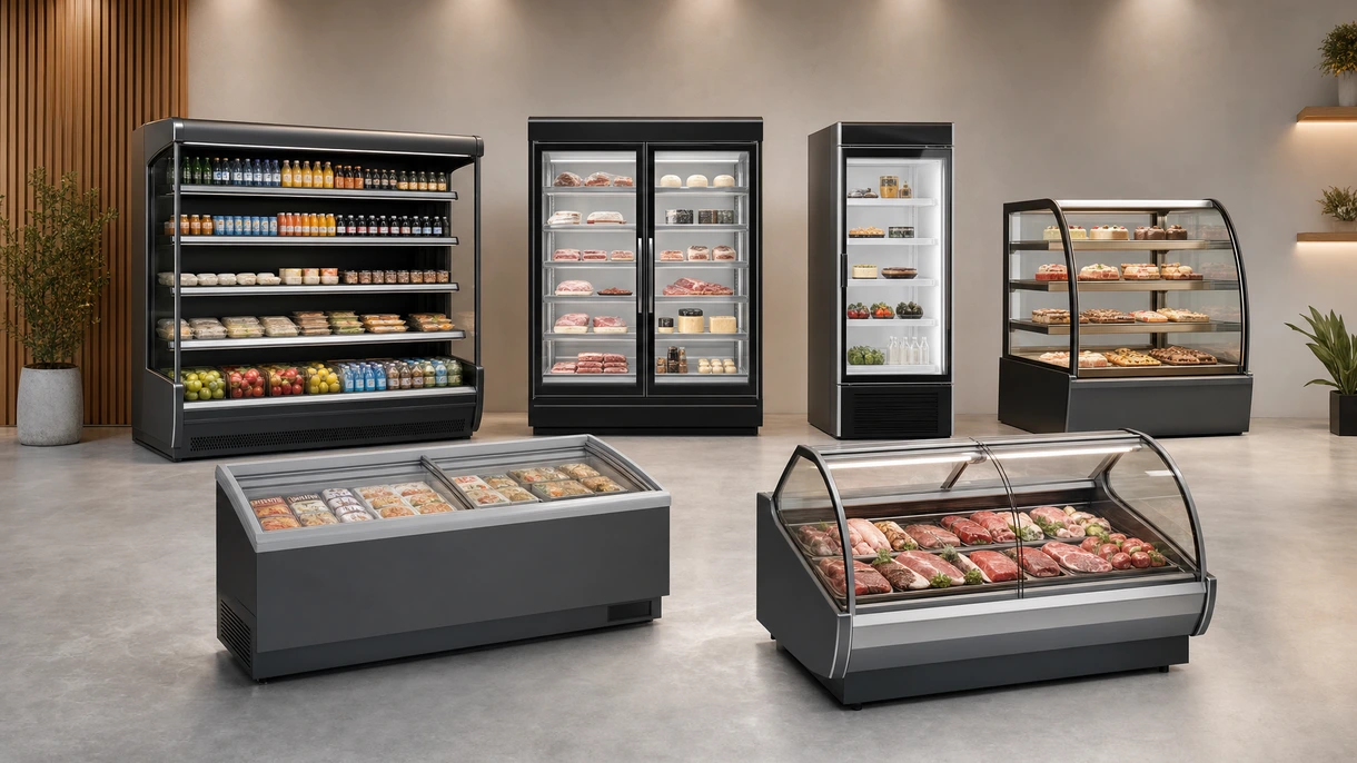 Vetrina refrigerata professionale integrata in un moderno interno di panetteria con eleganti profili in metallo nero e superfici in vetro trasparente.