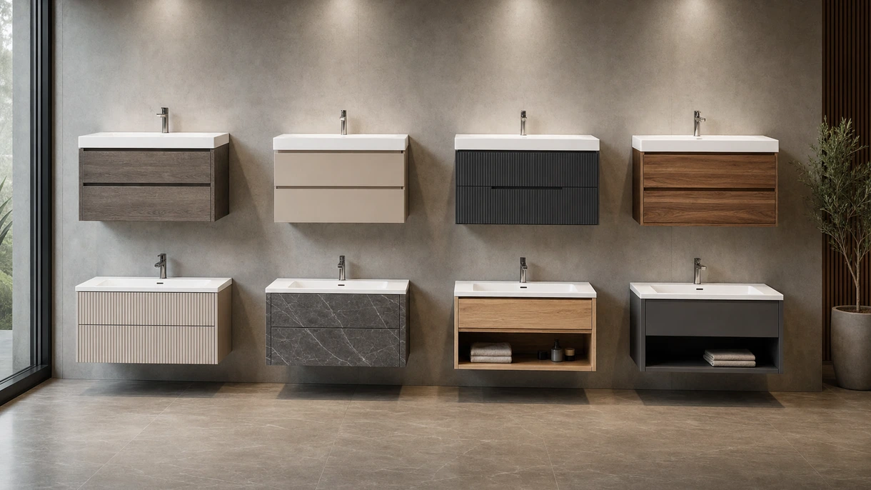 Bagno moderno di un hotel con un mobile lavabo sospeso in finitura rovere naturale, lavabo in ceramica integrato e rubinetteria di design.