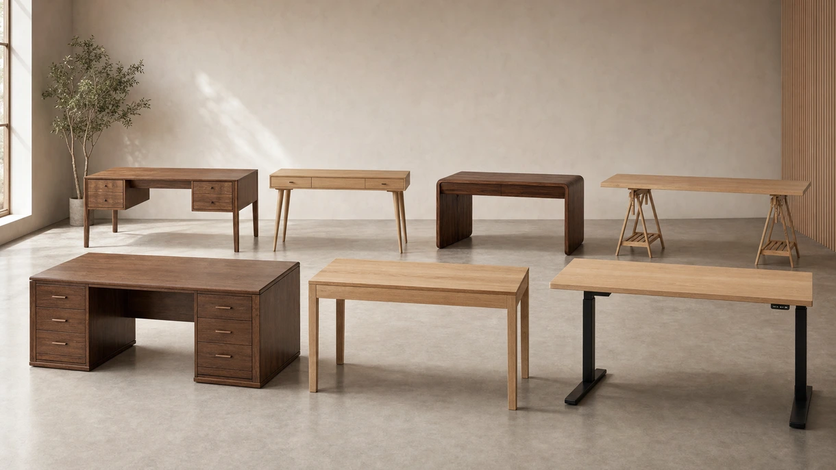 Architetto in un ufficio moderno europeo che lavora a una scrivania in legno massiccio di rovere sostenibile con gestione dei cavi integrata e illuminazione.