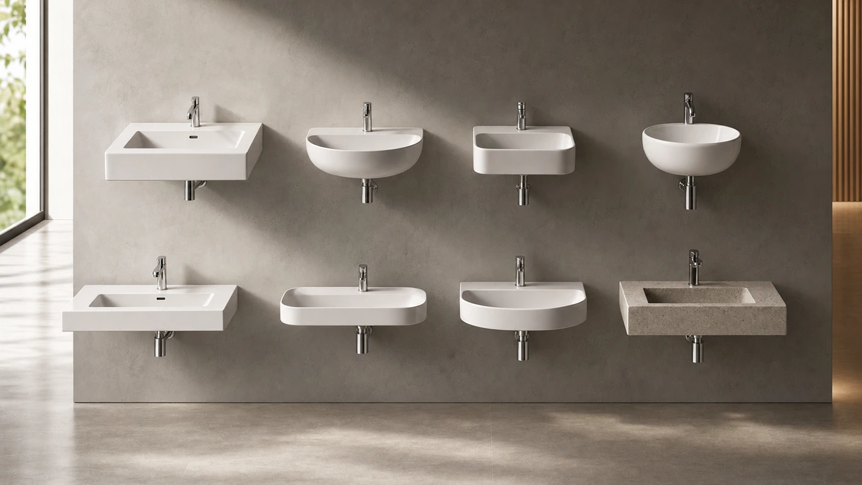 Lavabo sospeso minimalista nel bagno di un hotel di lusso con rubinetteria nero opaco e piastrelle in gres porcellanato di grande formato.