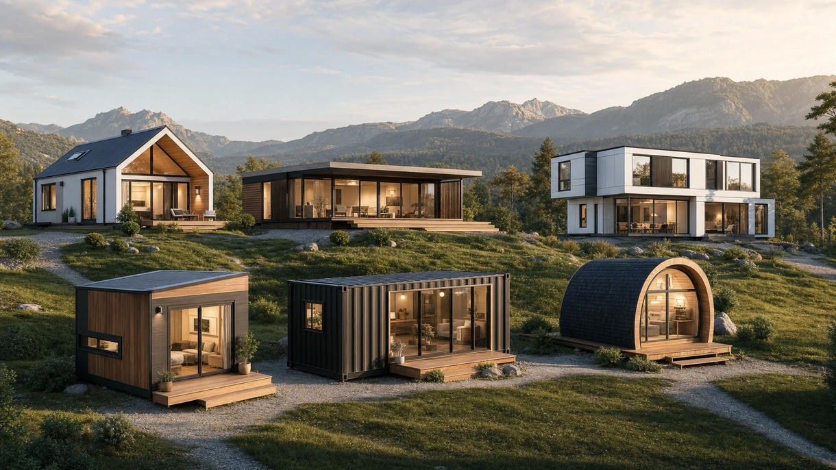 Moderna casa prefabbricata modulare posizionata tramite gru in un cantiere residenziale con paesaggistica architettonica professionale.