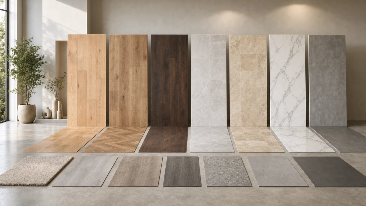 Architetti che esaminano campioni di piastrelle in gres porcellanato di grande formato nella hall di un moderno ufficio commerciale illuminato dal sole con vetrate.