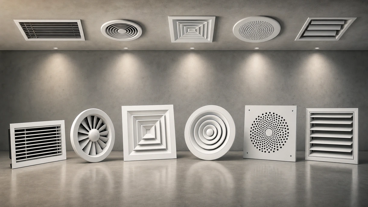 Interno di un ufficio professionale con diffusori a feritoia lineare integrati in un sistema di controsoffitto sospeso minimalista.