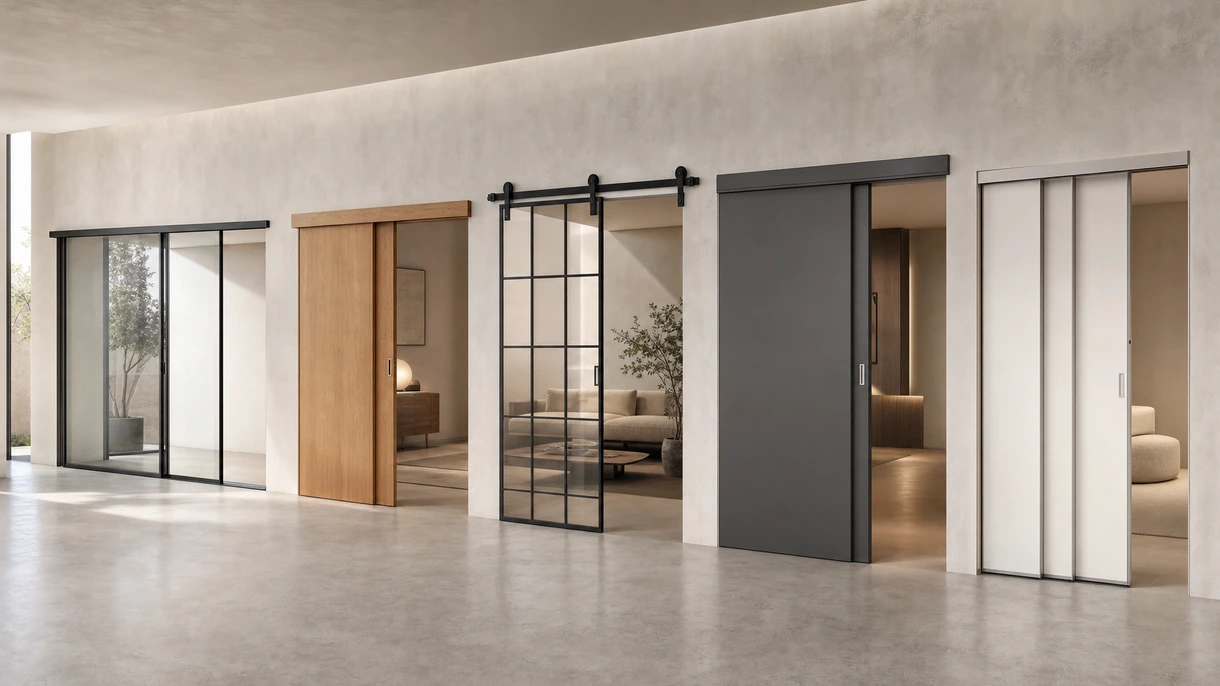 Porta scorrevole in vetro minimalista installata in un ufficio moderno open-plan con binari a incasso e telai in alluminio.