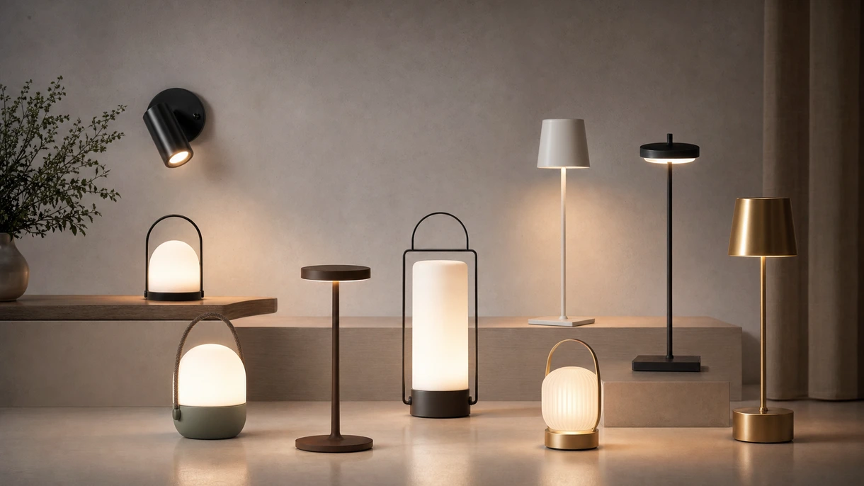 Dehor di un ristorante professionale con lampade da tavolo senza fili minimaliste che offrono una luce d'ambiente calda per gli ospiti a cena in un contesto commerciale.