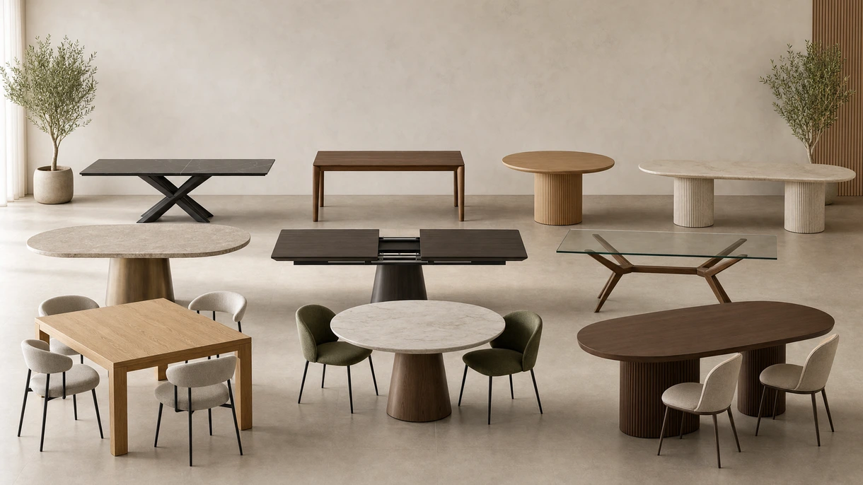 Moderno tavolo da pranzo rettangolare in un ambiente ristorante professionale minimalista con sedute ergonomiche e illuminazione architettonica.