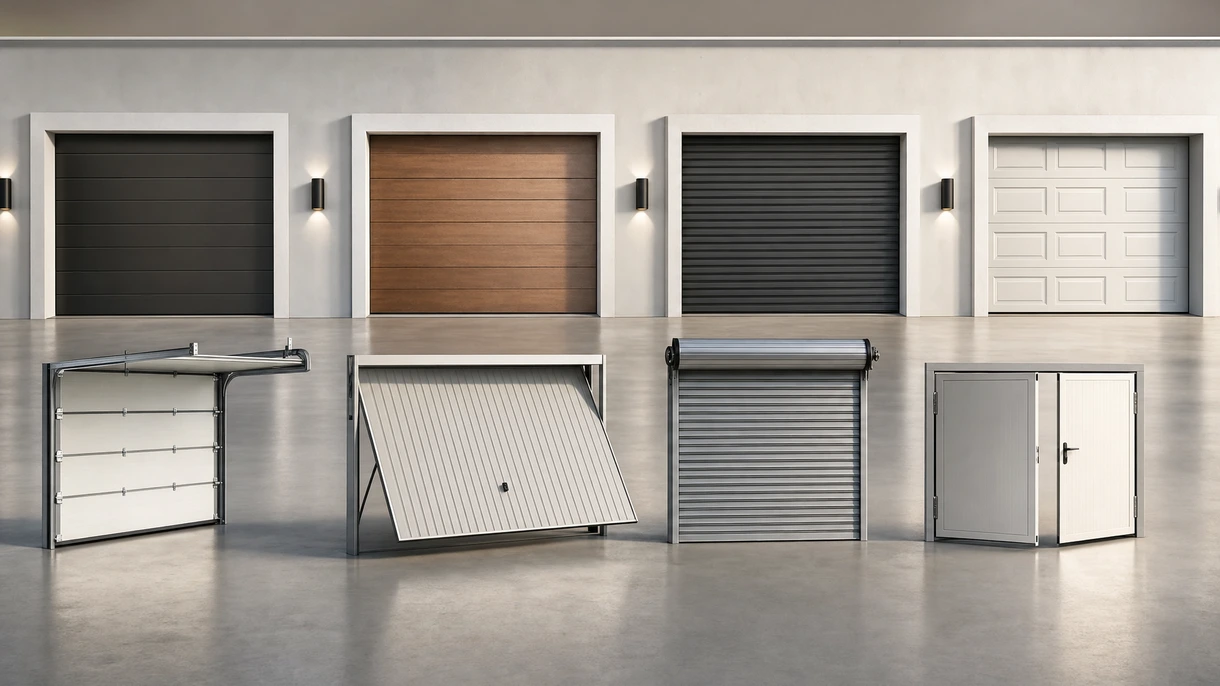 Moderna porta da garage sezionale nera integrata nella facciata di una villa di lusso con illuminazione esterna integrata.