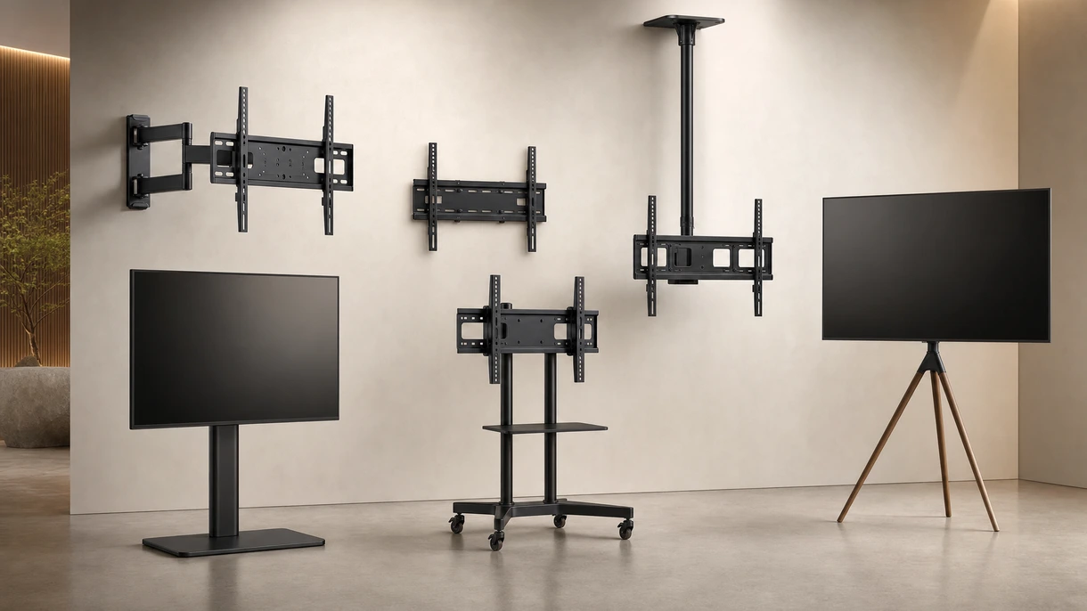 Suite di un hotel moderno con televisore a parete montato su un elegante supporto per TV articolato con vista su un'area lounge di design minimalista.