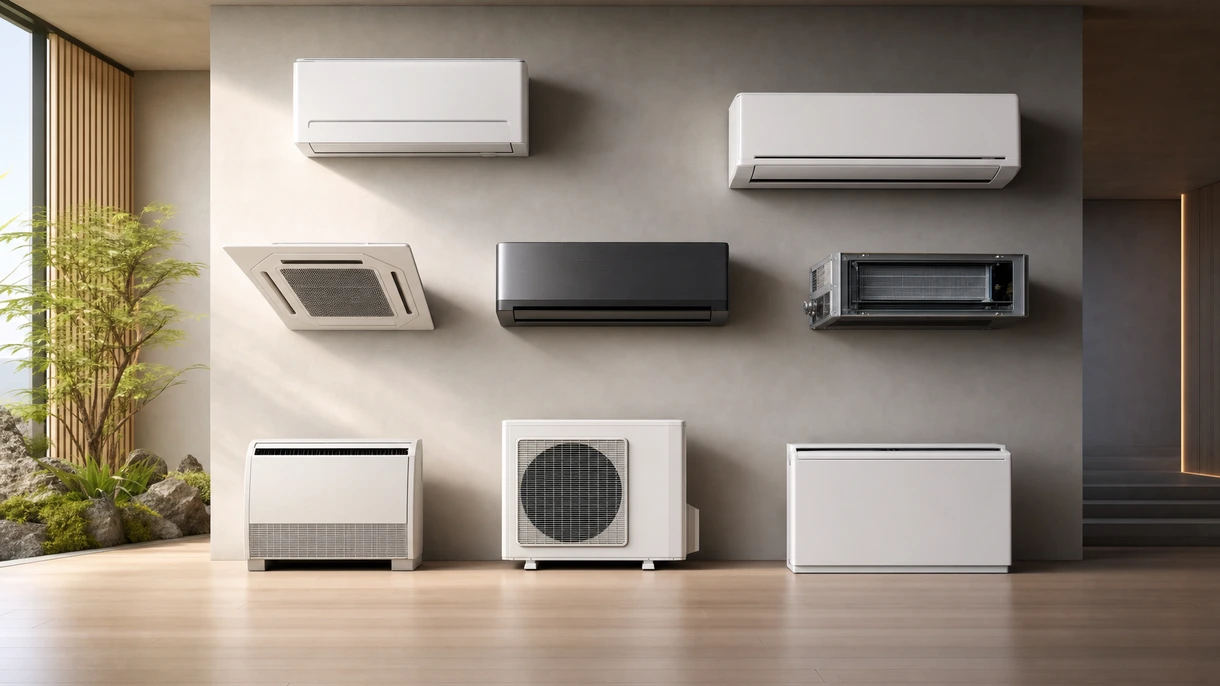 Condizionatore split professionale a parete installato in una moderna sala lounge di un ufficio minimalista con ampie vetrate e arredi contemporanei.