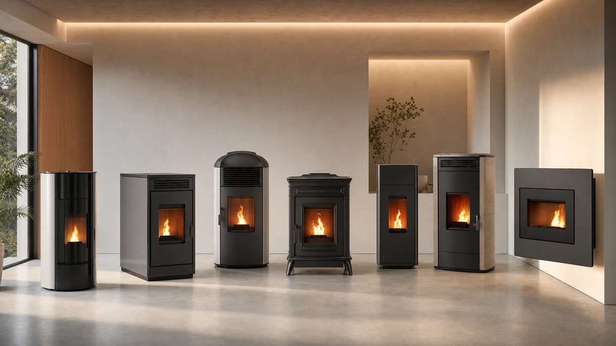 Moderna stufa a pellet integrata nella lounge della hall di un hotel contemporaneo con design d'interni minimalista e ampie vetrate.