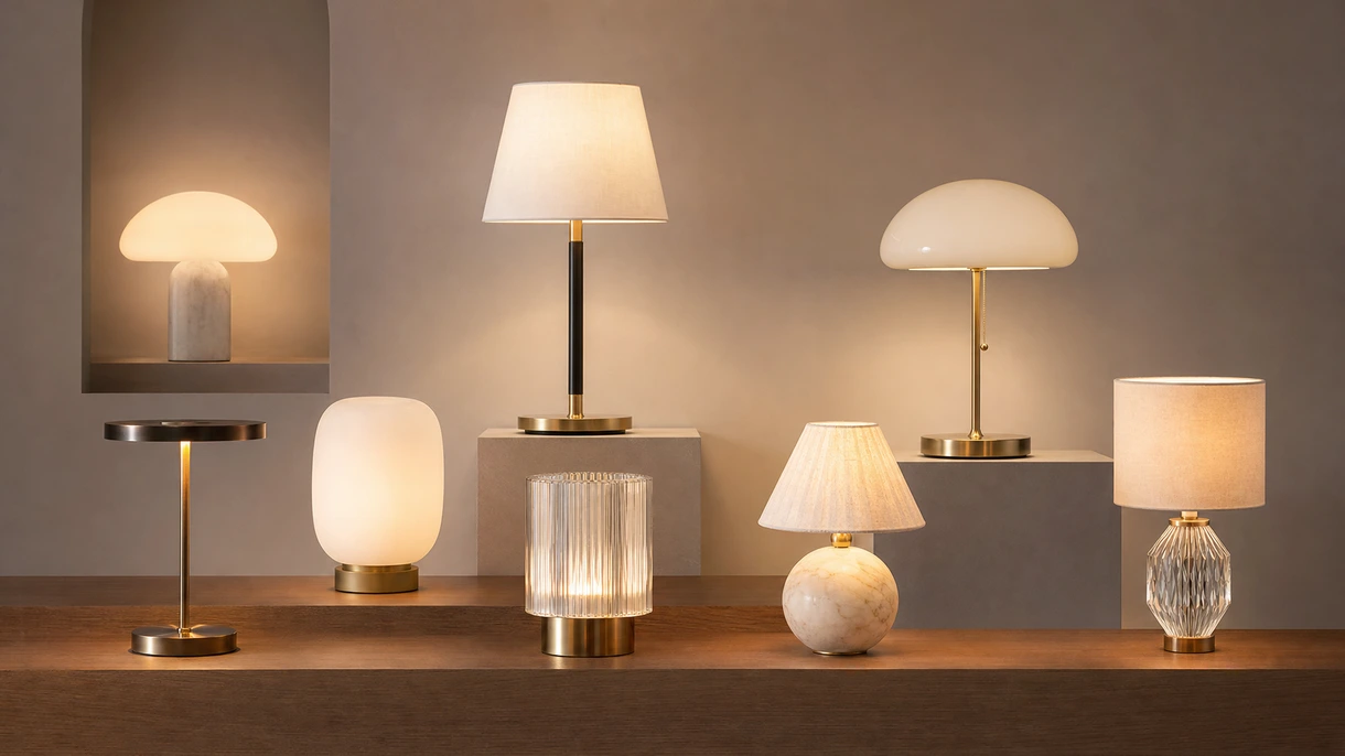 Moderna lampada da tavolo architettonica che illumina una postazione di lavoro professionale in un ufficio aziendale contemporaneo open-plan con illuminazione naturale.
