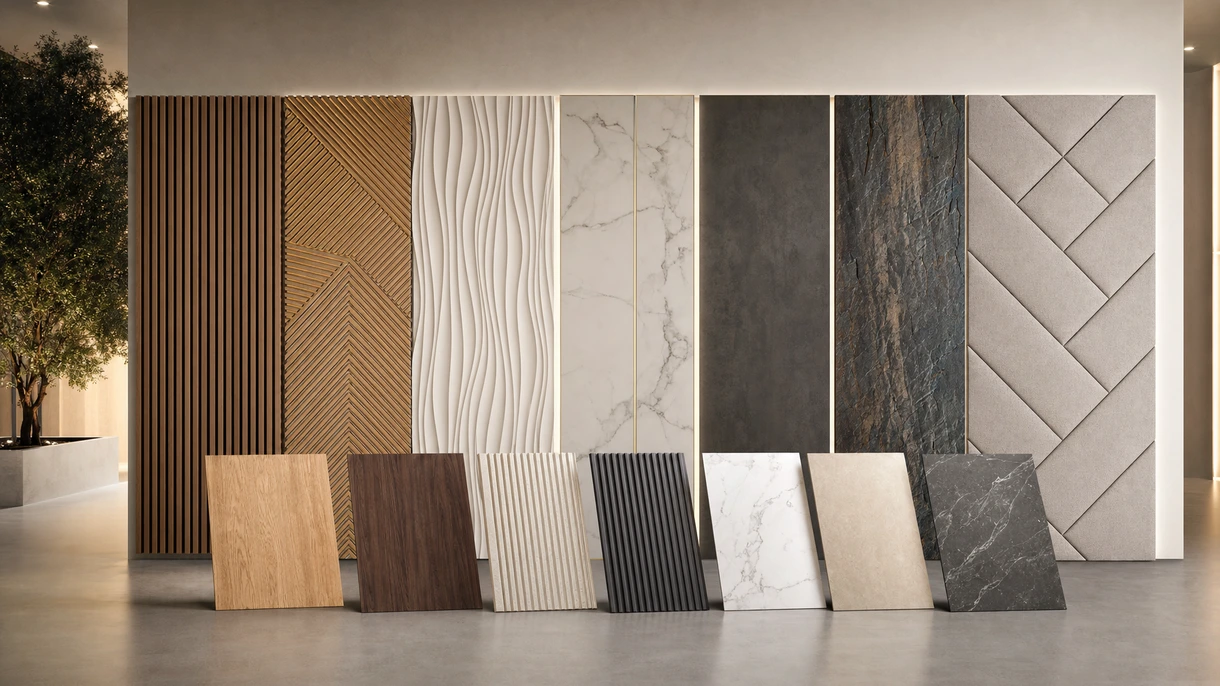 Pannelli decorativi architettonici installati nella moderna hall di un hotel con finitura in legno texturizzato e illuminazione a gola integrata.
