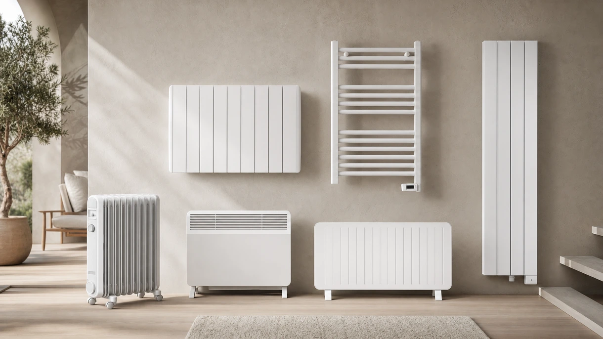 Moderno radiatore elettrico di design installato in una lounge ufficio minimalista di alto livello per un controllo climatico discreto ed efficiente.