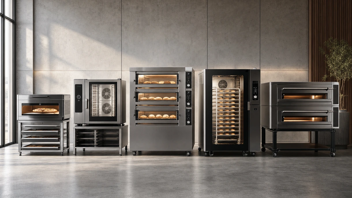 Chef che inserisce le teglie in un forno professionale combinato in acciaio inox in una moderna cucina professionale ad alta produttività.
