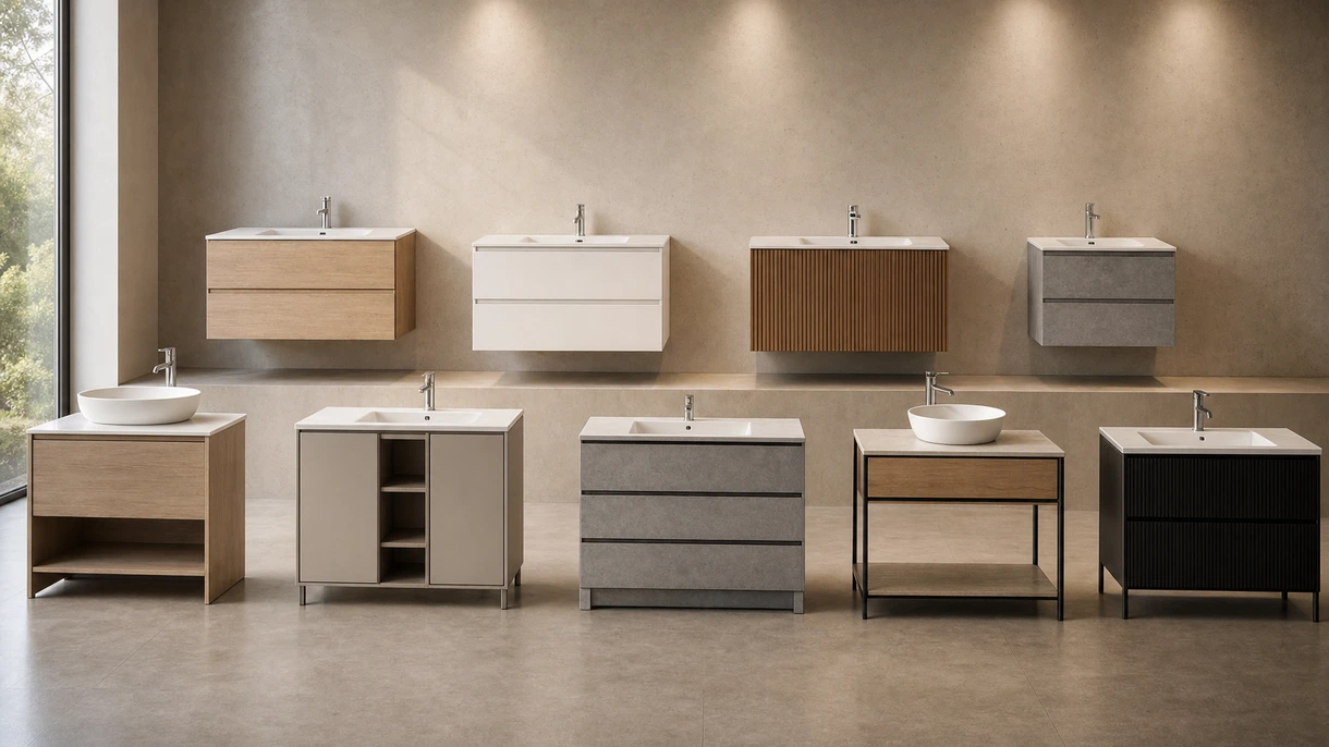 Moderno mobile lavabo sospeso con piano in pietra installato nel bagno di un hotel contemporaneo con piastrellatura neutra.